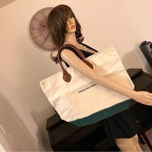 Vintage Lehman Brothers Two-Tone Of White-Cream Green Trim Large Canvas Tote New
